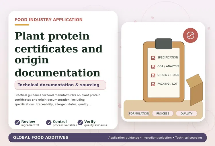 Plant protein certificates and origin documentation food industry application illustration